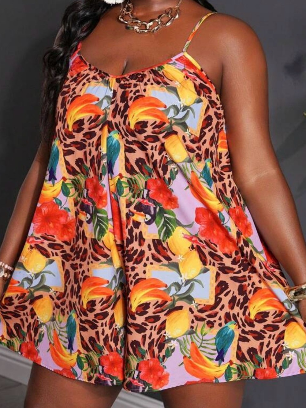 Tropical Floral Leopard Print Cami Romper  Bright Multi Colors